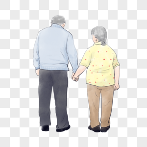 老年夫妻背影卡通水彩图片