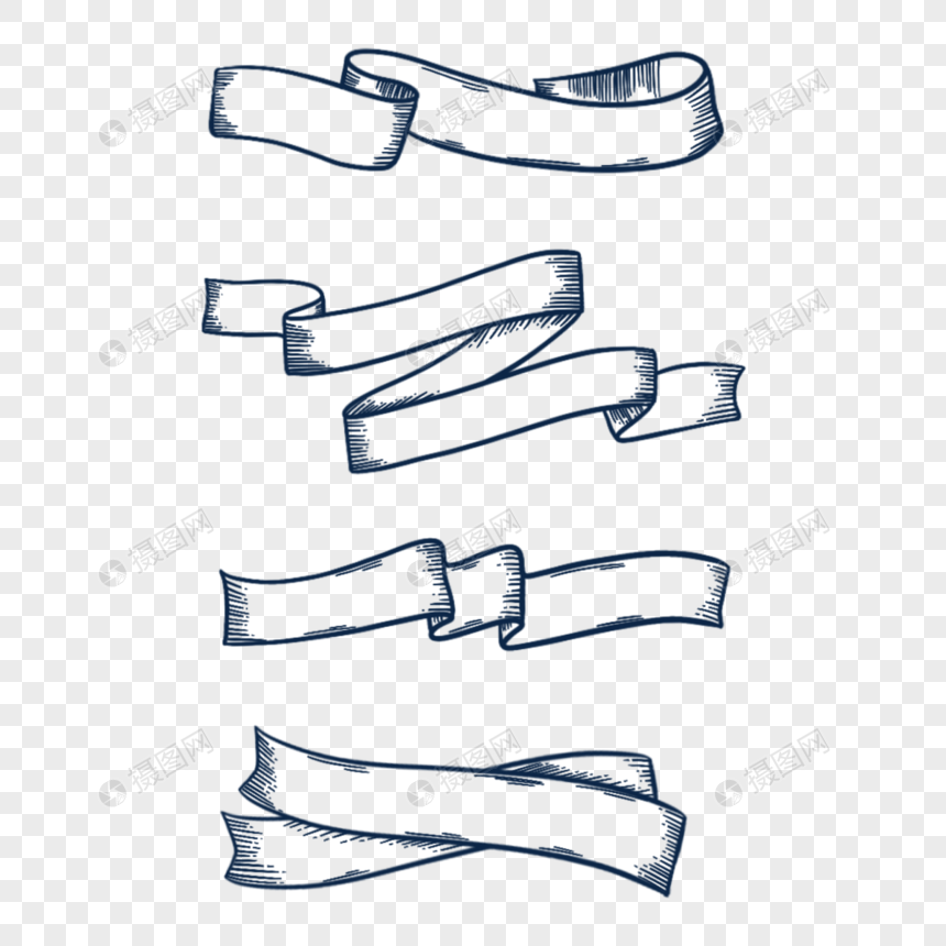 丝带横幅经典蓝色铅笔画线稿组合
