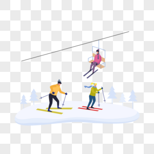 雪山滑雪运动的人扁平风格插画图片