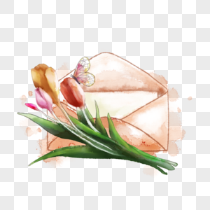 水彩信封邮件与郁金香和蝴蝶图片