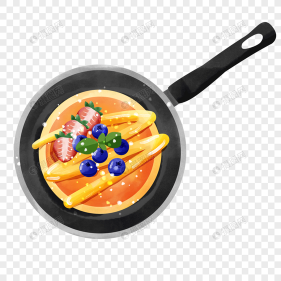 水彩枫糖浆水果薄烤饼和平底锅图片