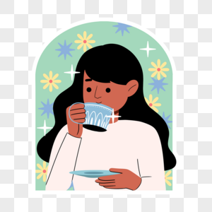 卡通抽象女孩喝茶贴纸图片