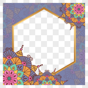 紫色水印花纹六边形图案曼陀罗水彩边框图片