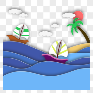 剪纸风格海洋帆船航行椰子树图片