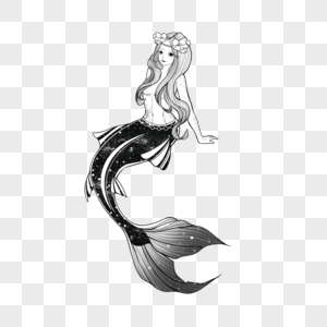 黑白简单线描纹身图案艺术神话海洋美人鱼图片