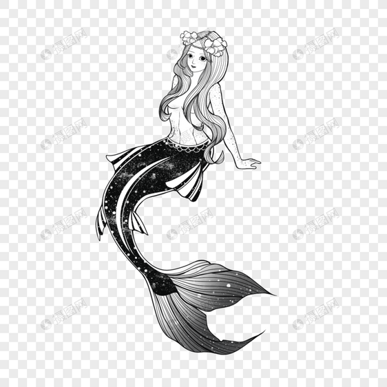 黑白简单线描纹身图案艺术神话海洋美人鱼图片