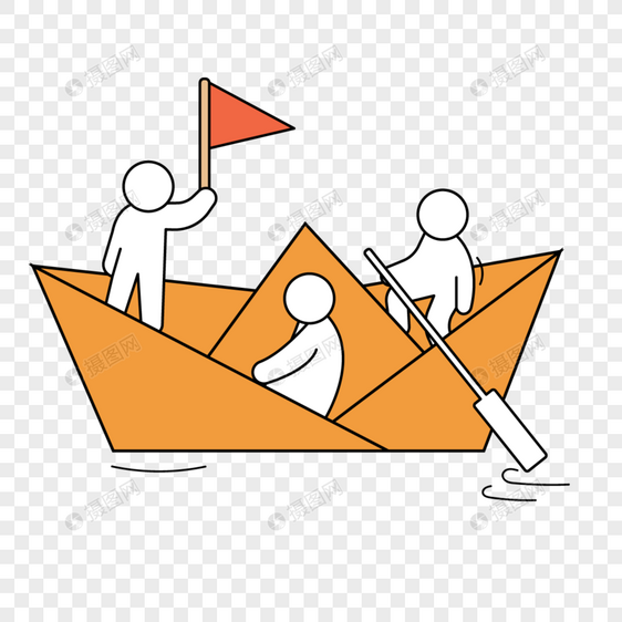 橙色纸船创意卡通人物线稿线条画图片