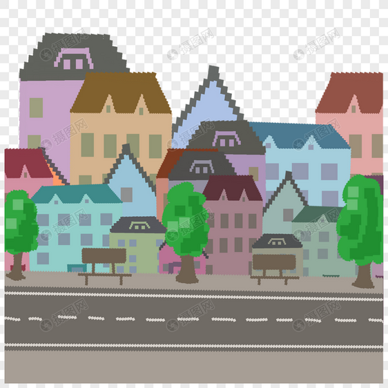 像素艺术游戏城市街景树道路图片