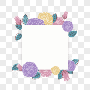 水彩线条画紫色花卉方形边框图片