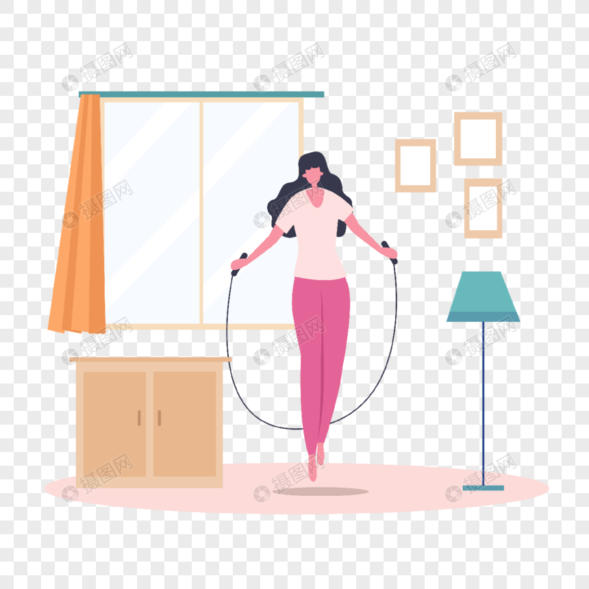 跳绳运动插画女子在家跳绳运动图片