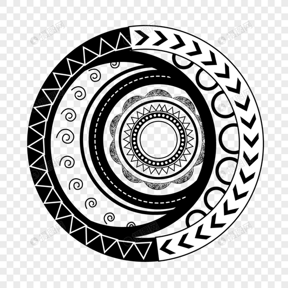 圆形黑白线条波利尼西亚风格装饰花纹边框图片