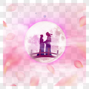 情侣剪影七夕月亮粉红花卉光效美图图片