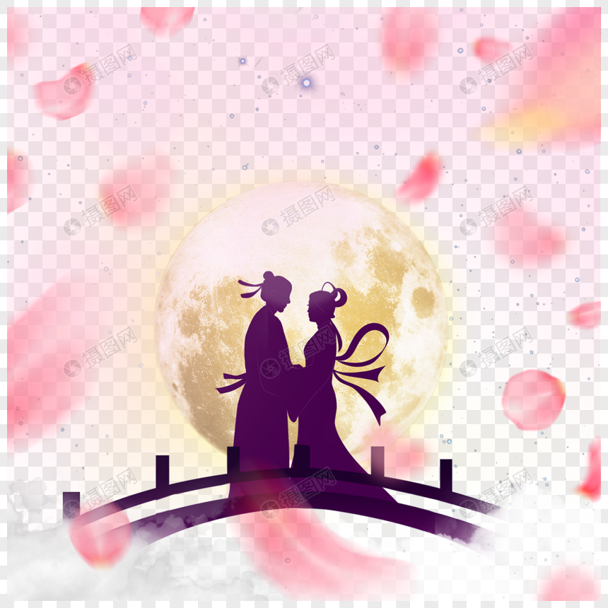 七夕花卉光效月亮背景的情侣拱桥剪影图片