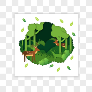 绿色森林麋鹿剪纸自然动物图片