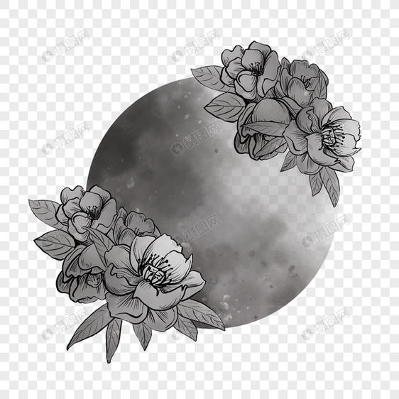 黑白水彩花卉月亮满月图片