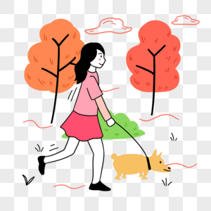 女人狗遛狗公园走路插画抽象云朵短袖图片