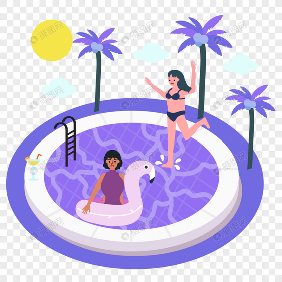 紫色可爱泳池夏季海边人物插画图片