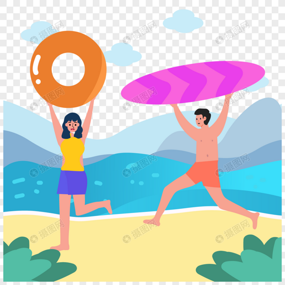 举着泳圈的夏季海边人物插画图片