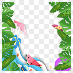 可爱海浪西瓜遮阳伞夏季剪纸沙滩边框图片