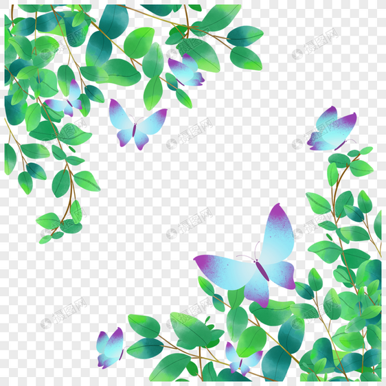 绿色树叶蝴蝶飞舞水彩边框图片