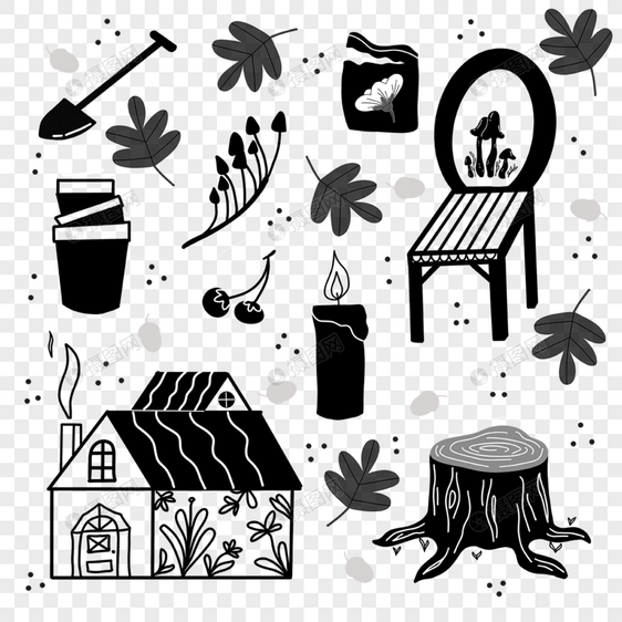 乡村小木屋座椅树桩花盆黑白涂鸦图片