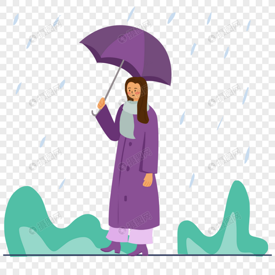 戴着围巾的女人雨中打伞插画图片