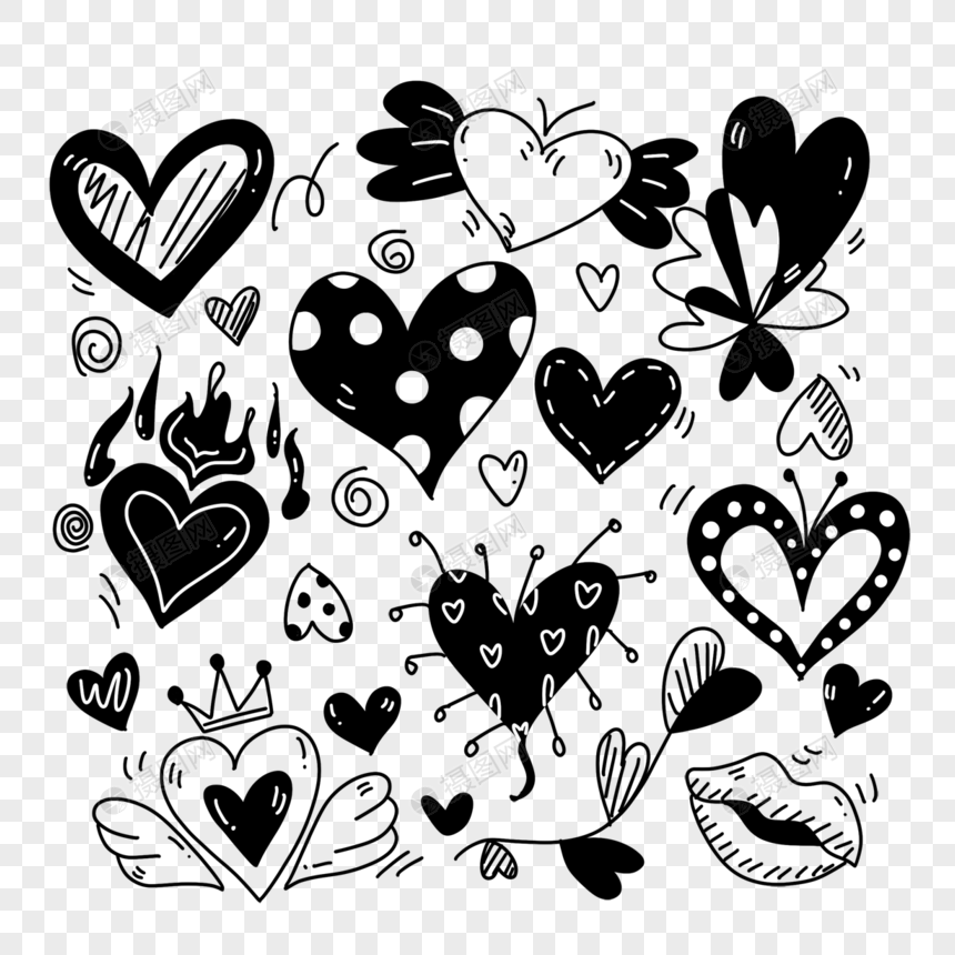 各种爱心可爱造型黑白涂鸦画