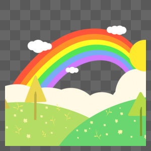 绿色草地和小树剪纸彩虹图片