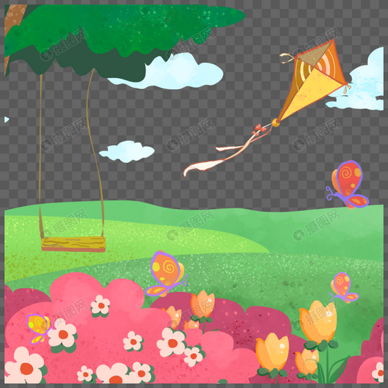 红色花朵风筝和秋千春季花卉风景图片
