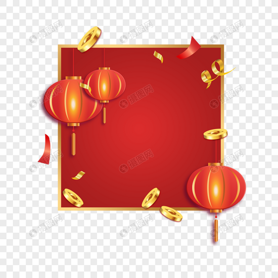红色新年灯笼金币漂浮边框图片
