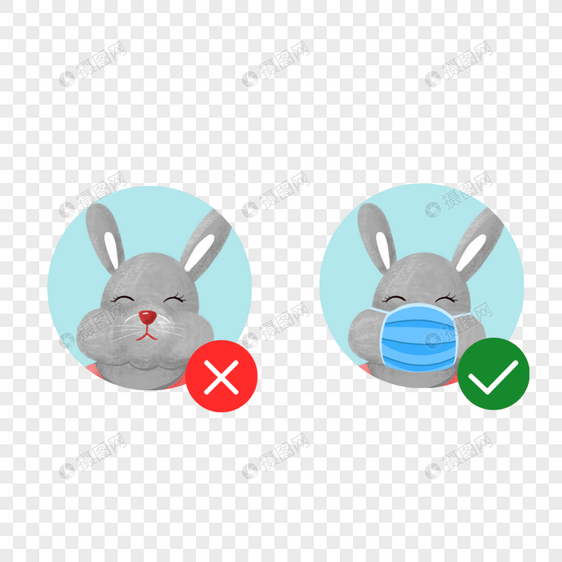 灰色眯眼的兔子正确戴口罩动物图图片