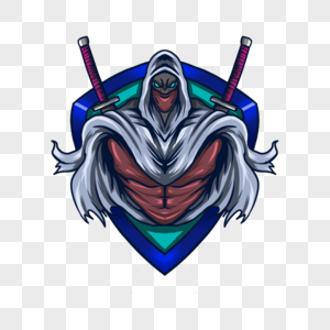 刺客忍者游戏徽标后背双刀蓝色背景图片