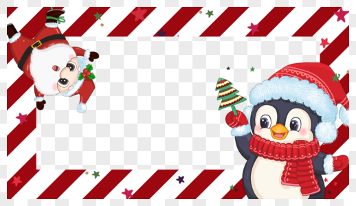 圣诞节戴圣诞帽企鹅红色条纹边框图片