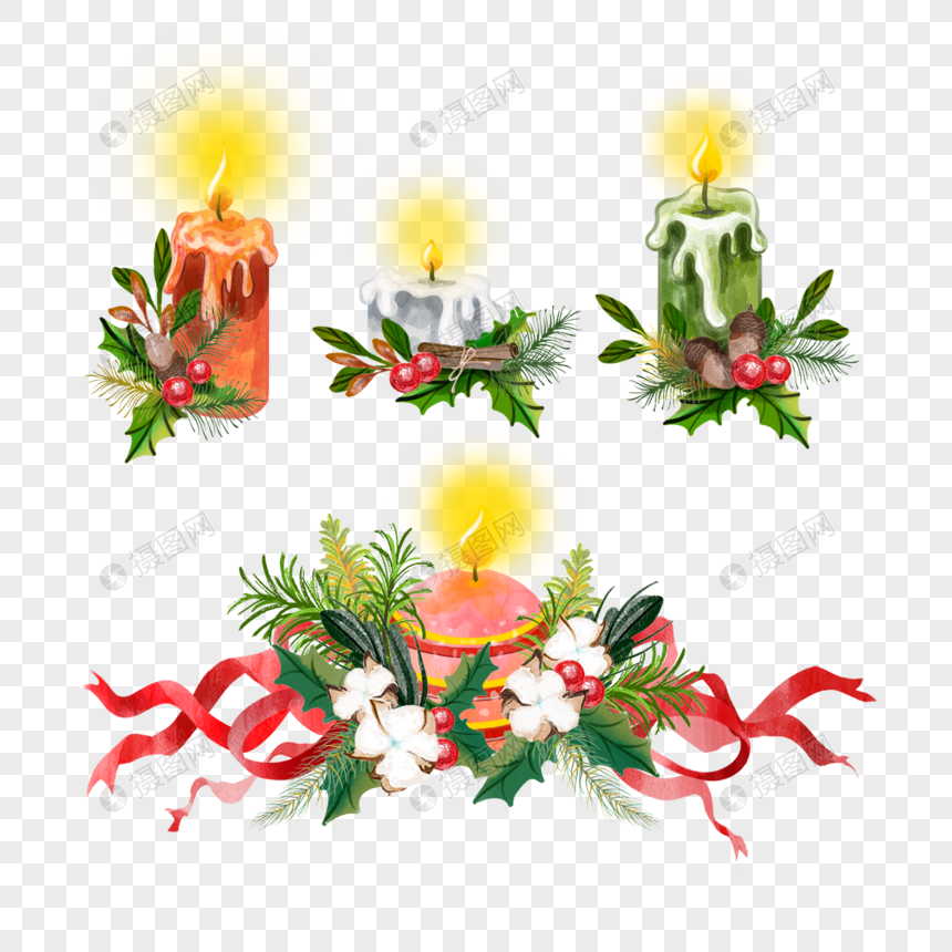 圣诞水彩蜡烛卡片装饰图片