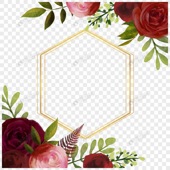 勃艮第玫瑰水彩质感金线边框图片