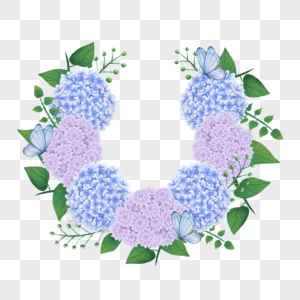 绣球花卉水彩蝴蝶蓝色边框高清图片