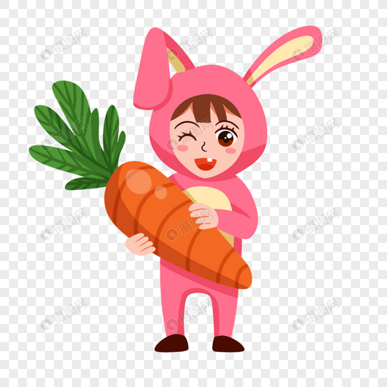 小女孩穿着兔子服装抱着萝卜角色扮演图片