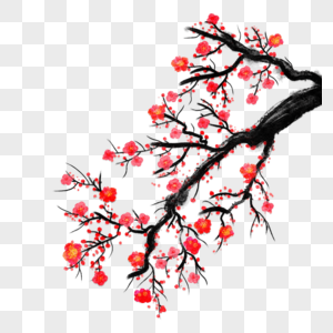 红梅花树枝水墨风格图片