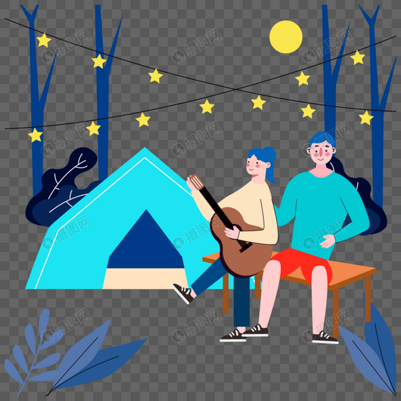 夜晚休闲活动户外帐篷弹吉他的美女图片