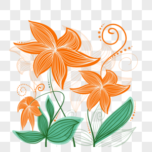 花卉抽象线稿橙色花瓣叶子装饰图片