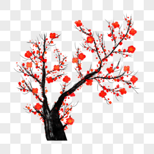 红梅树枝水墨风格图片
