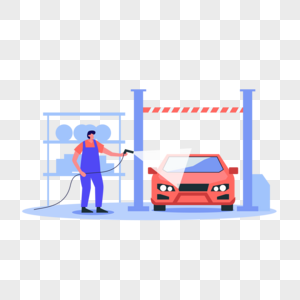 洗车工人和汽车扁平风格插画图片