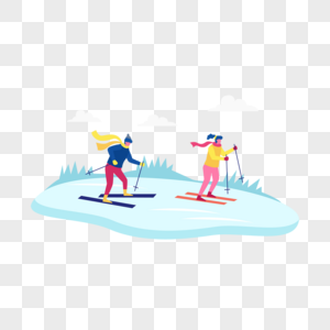 雪地两个滑雪的人扁平风格插画图片