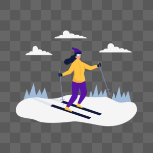 雪山滑雪运动女孩扁平风格插画图片