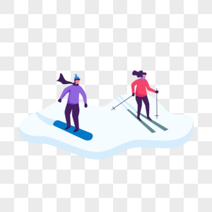 雪地滑雪运动两个人扁平风格插画图片