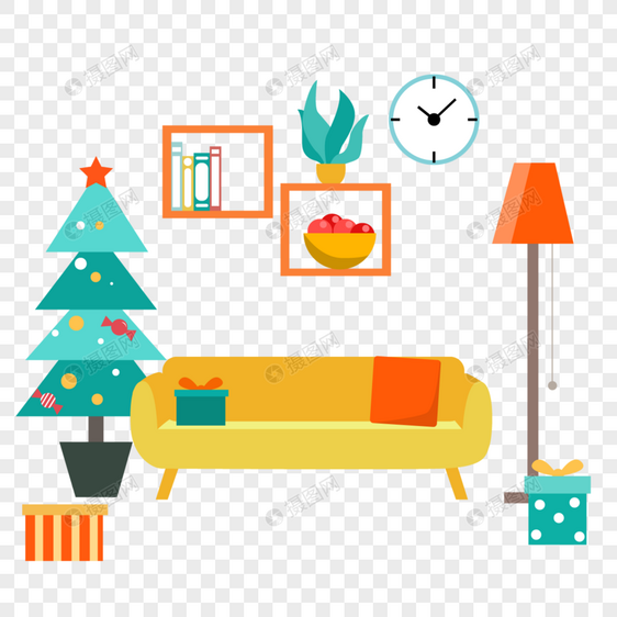 客厅房间起居室扁平风格黄色沙发和圣诞树图片