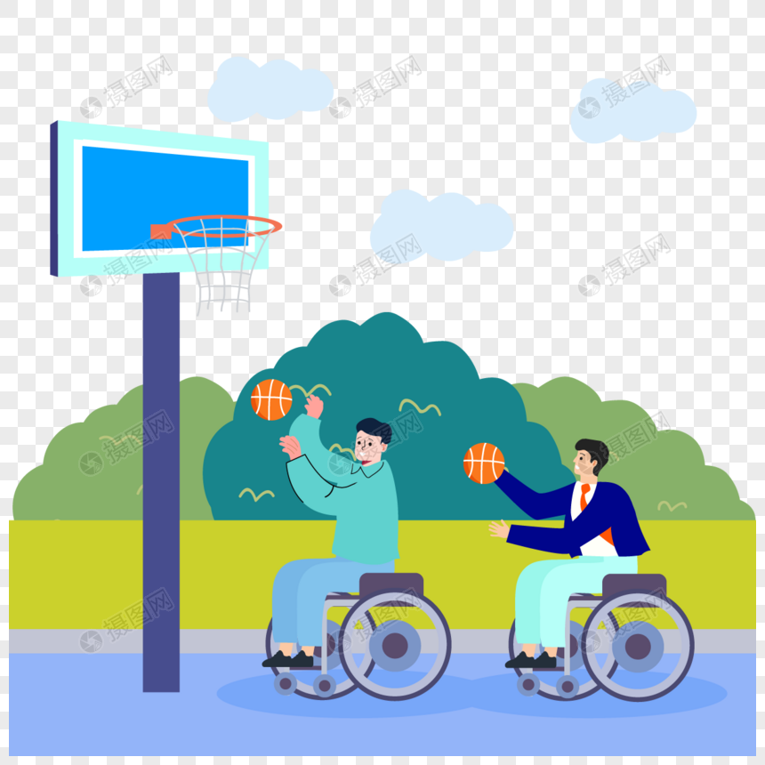 坐着轮椅打篮球运动人物插画图片