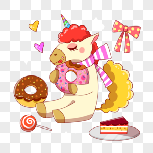 卡通可爱小独角兽抱着食物甜甜圈图片