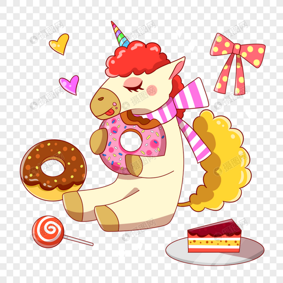 卡通可爱小独角兽抱着食物甜甜圈图片
