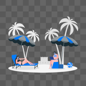 夏季假期旅行概念沙滩伞下休息工作的人插画图片